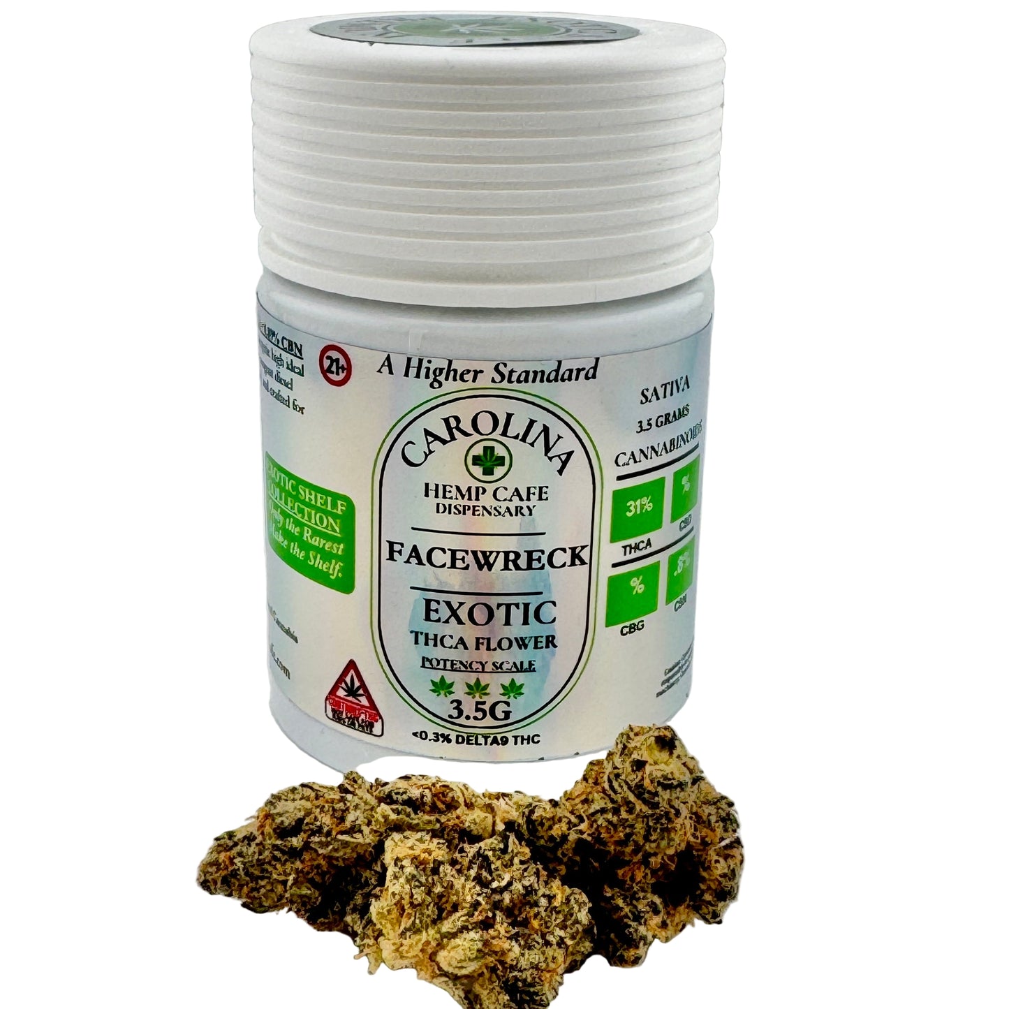 Jar of Carolina Hemp Cafe dispensary with cannabis buds on a white background