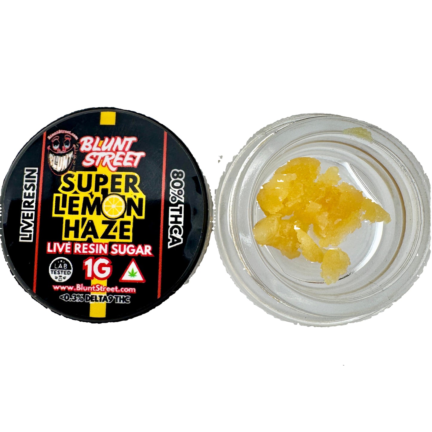 Blunt Street Super Lemon Haze live resin sugar container with yellow resin on a white background