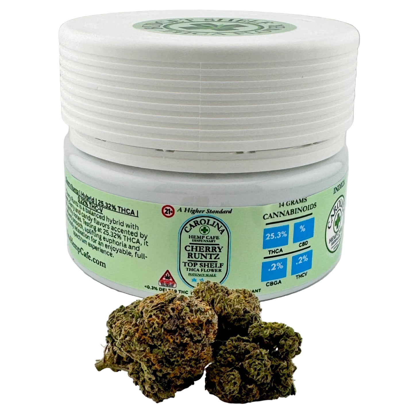 Jar of cannabis with visible branding and product details on a white background