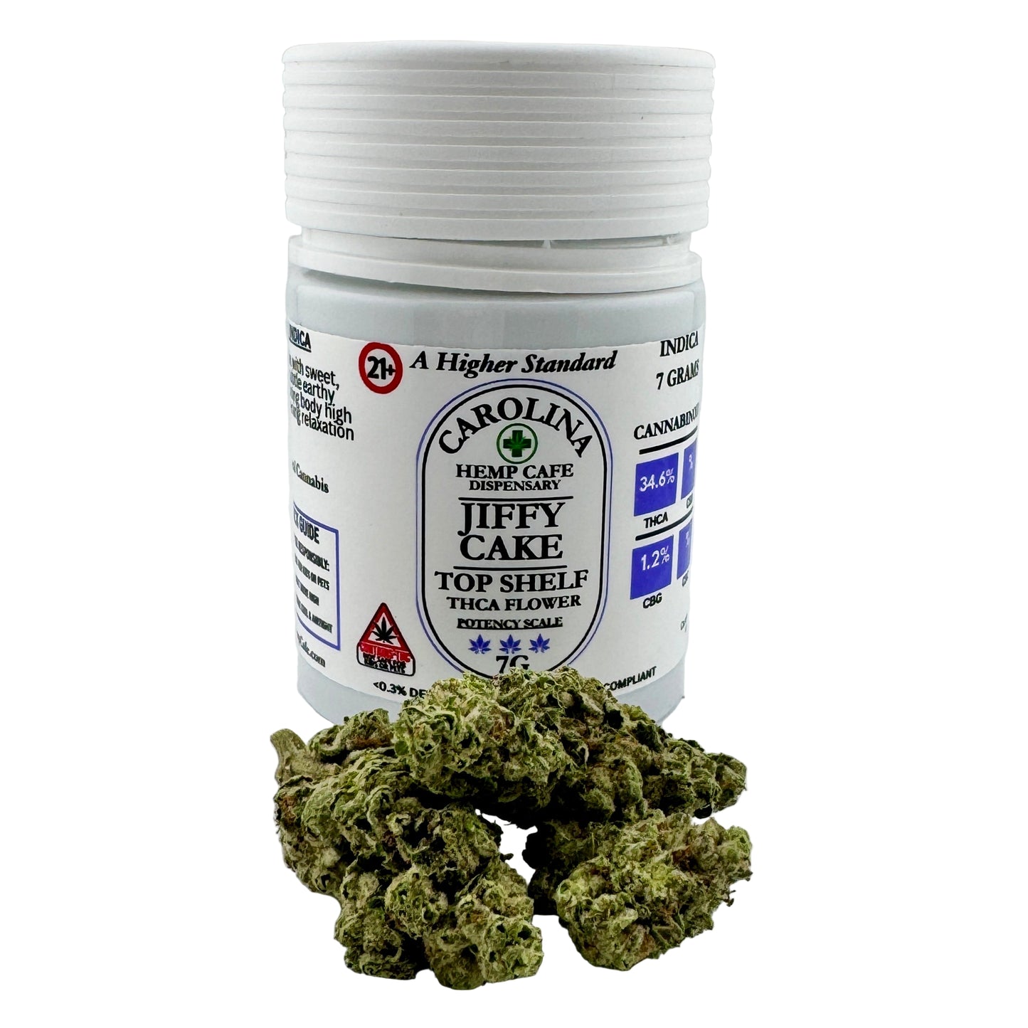 Jar of Carolina Hemp Cafe Jiffy Cake with cannabis buds on a white background