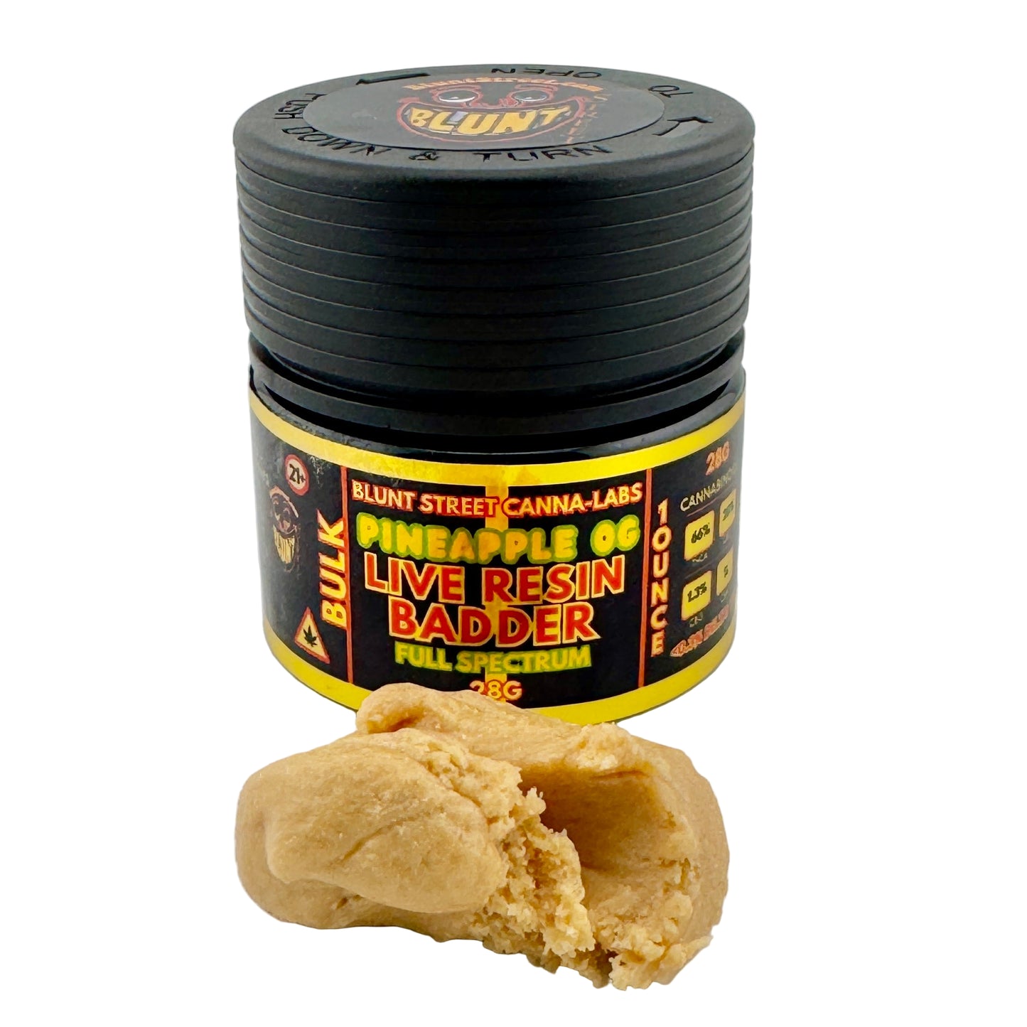 Black container labeled 'Blunt Street Canna Labs' with a piece of cannabis bud on a white background