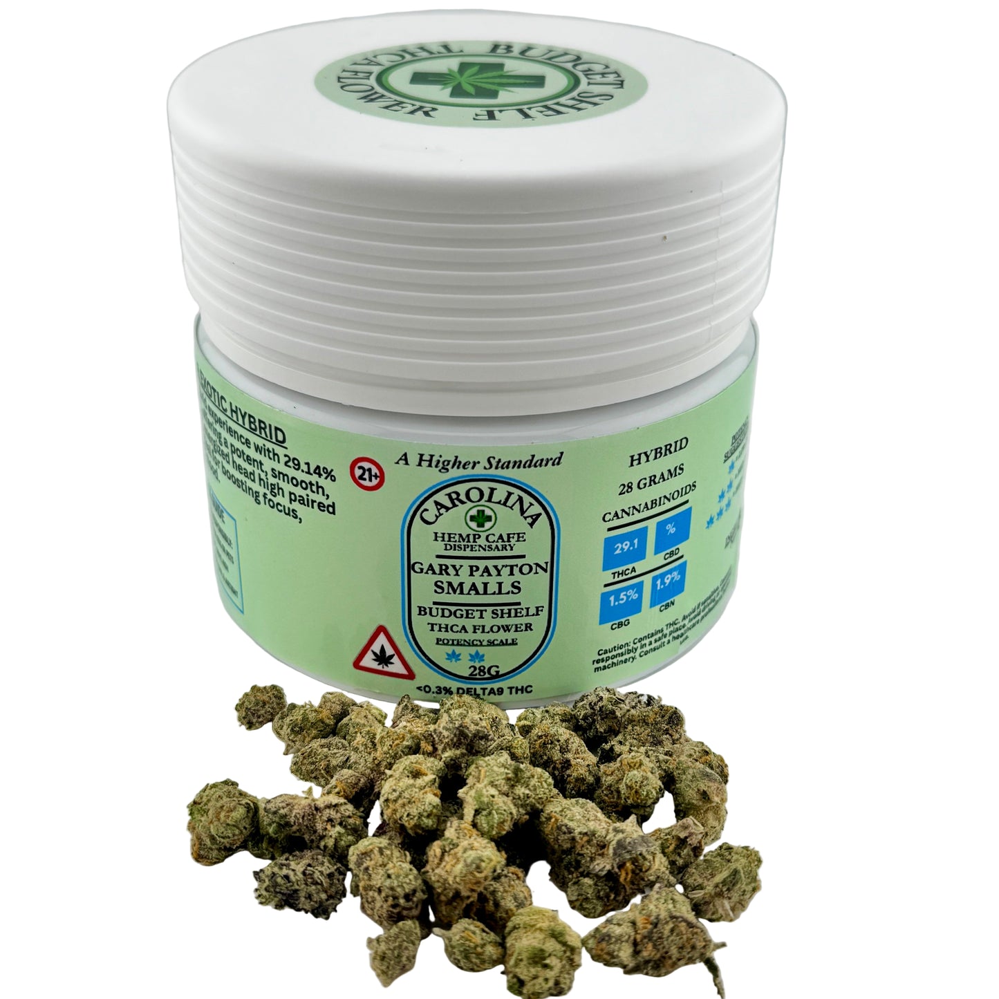 Jar of dried cannabis buds with a label on a white background
