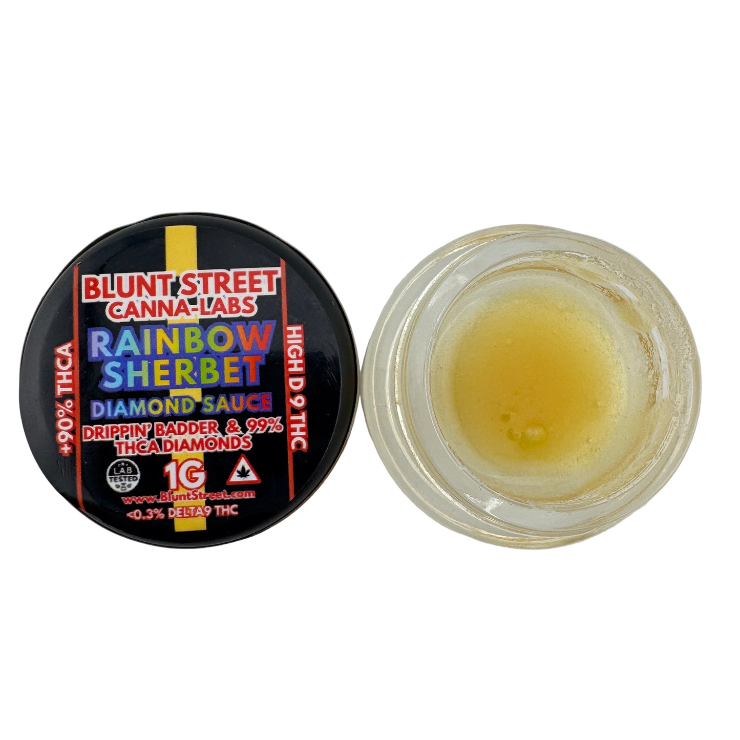 Container of Blunt Street Canna-Labs Rainbow Sherbet with a clear lid on a white background