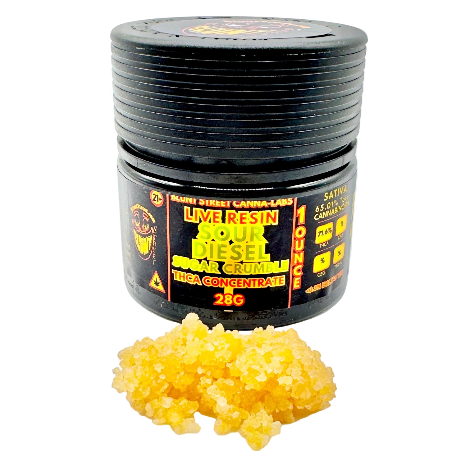Jar of live resin sour diesel with yellow crumble on a white background
