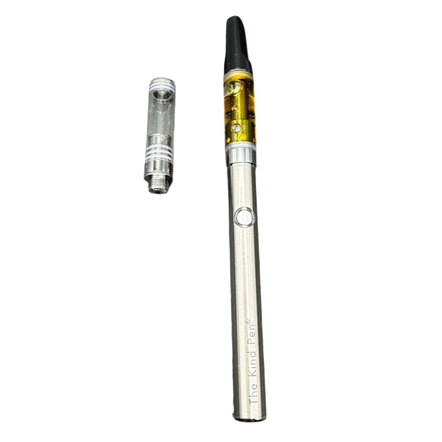 Vaping device with a clear cartridge on a gray background