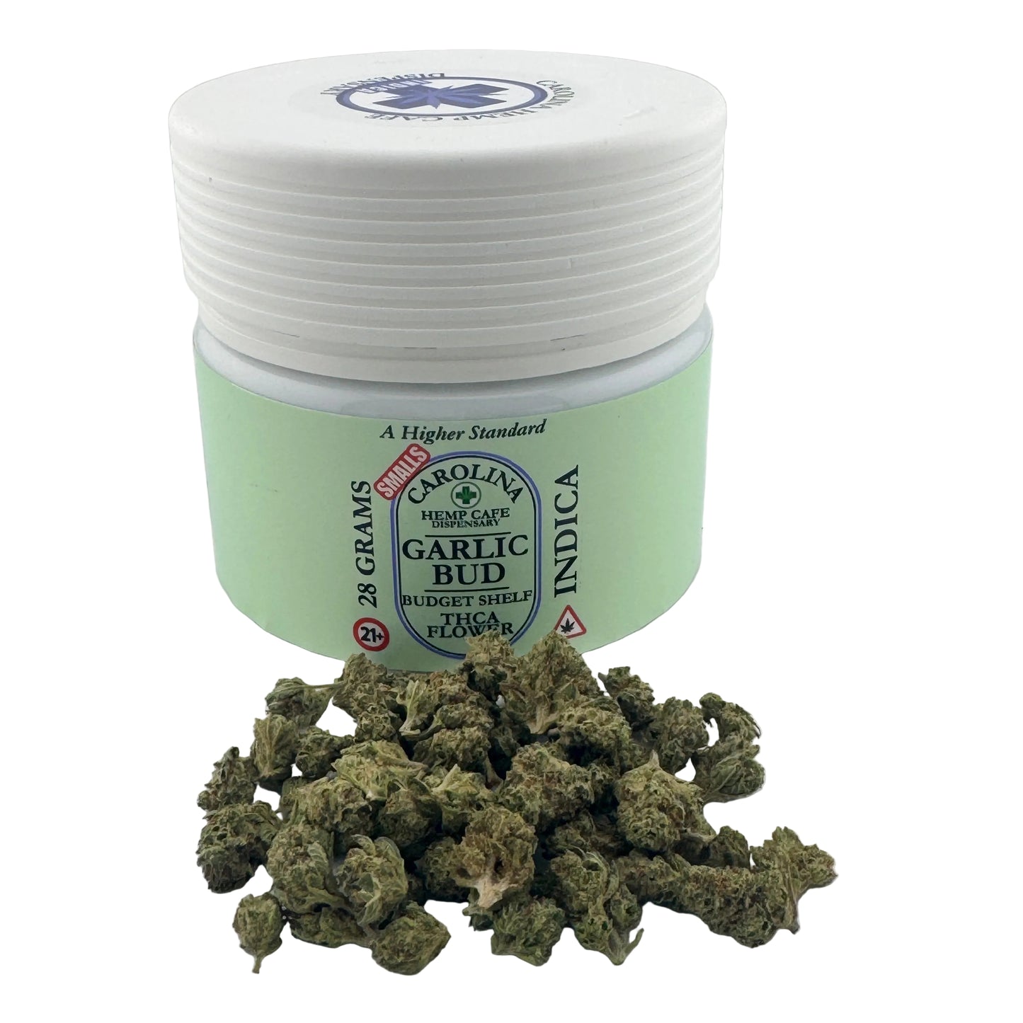 Jar of Carolina Reaper Garlic Bud with cannabis buds on a white background