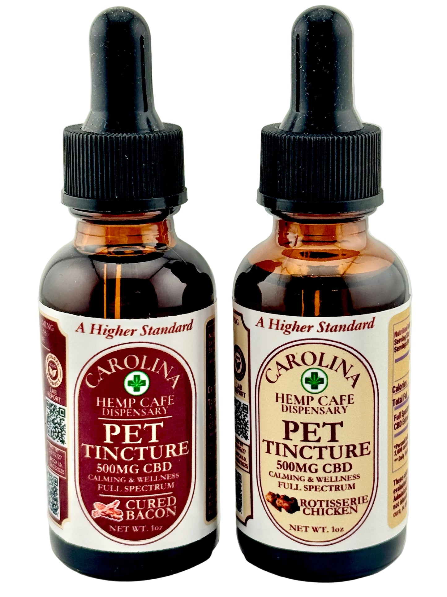 Two bottles of Carolina Hemp Cafe Pet Tincture with dropper caps on a light gray background.