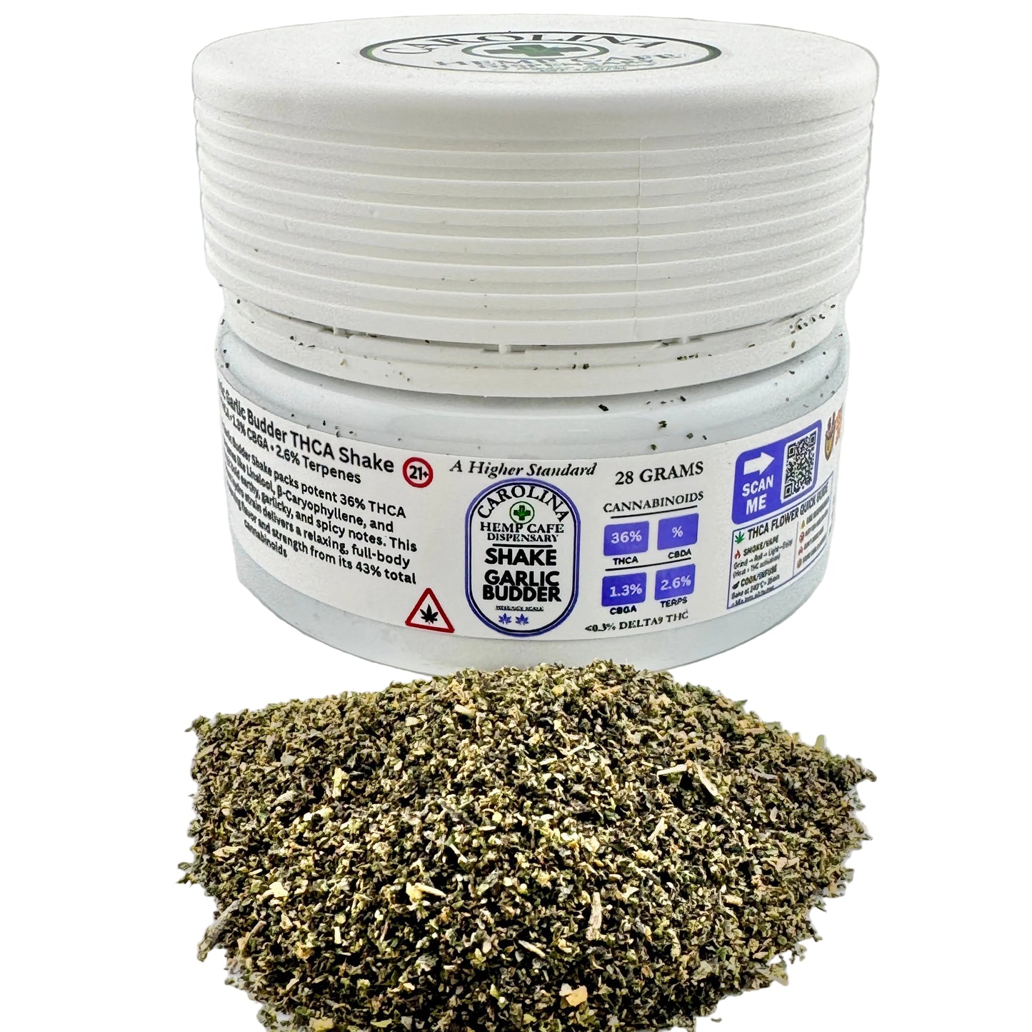 White jar of Carolina Hemp Co. THCA Shake with green powder on a gray background