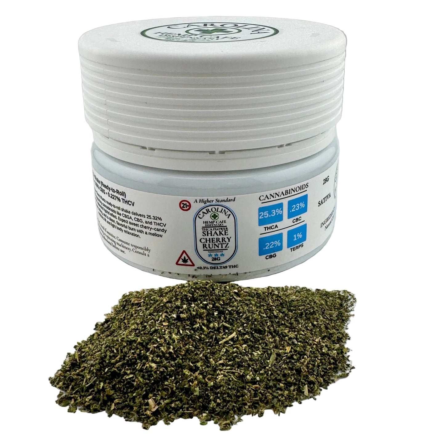 Jar of cannabis with a label on a gray background