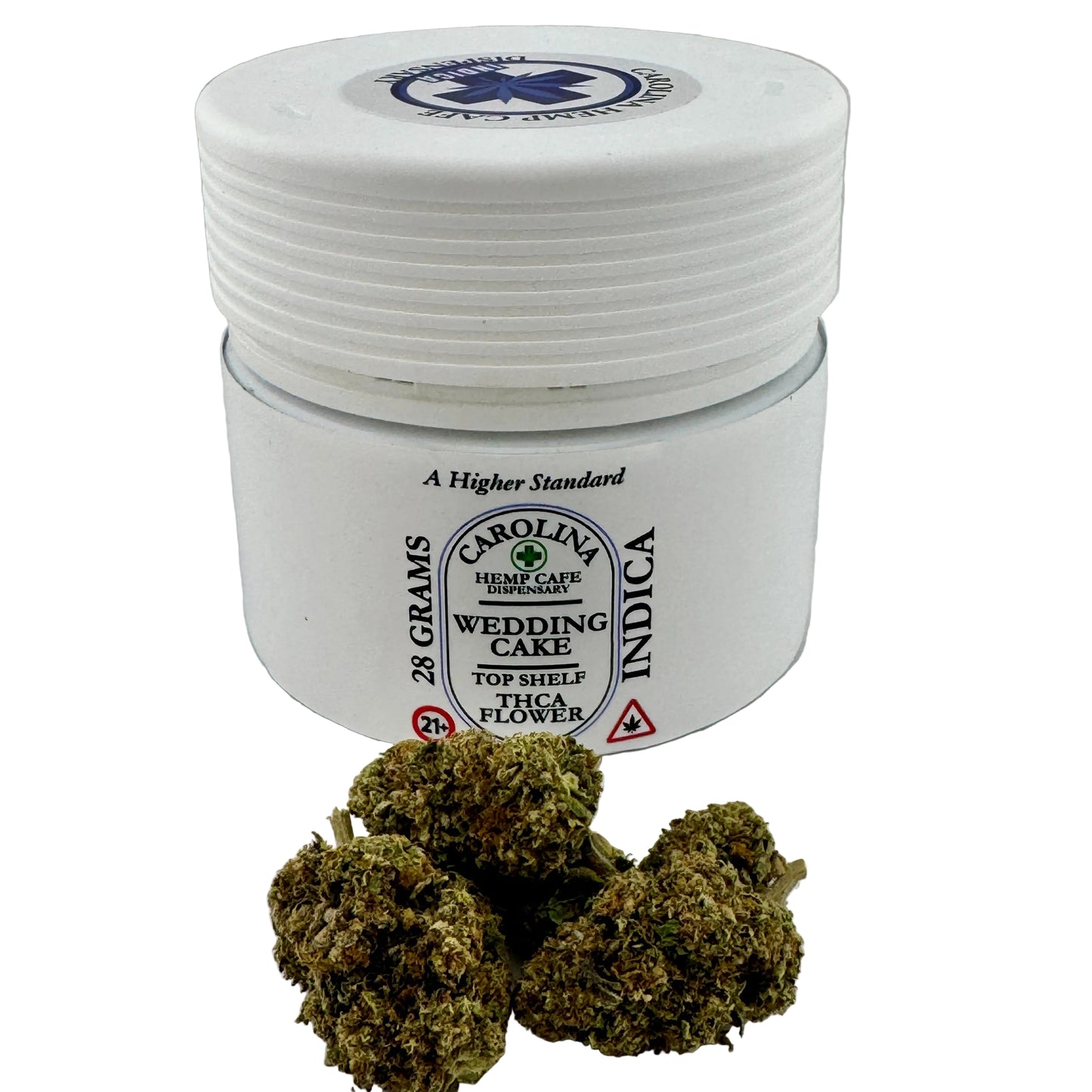 Jar of Carolina Hemp Cake Indica flower with cannabis buds on a white background