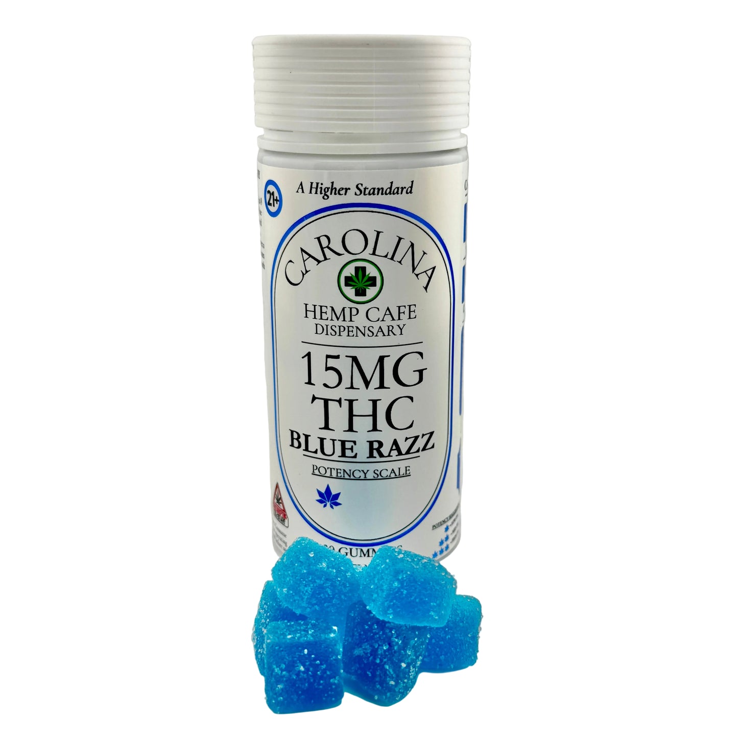 Carolina Hemp Cafe dispensary container with blue gummies on a white background
