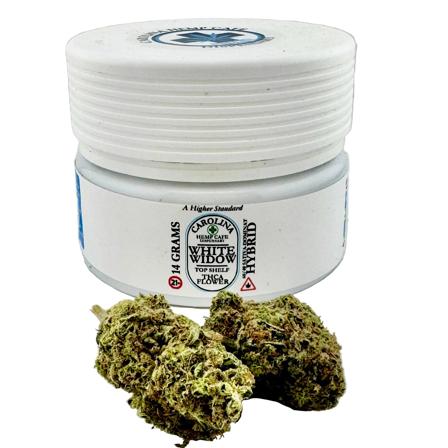White jar with a label on a gray background, containing dried cannabis buds.