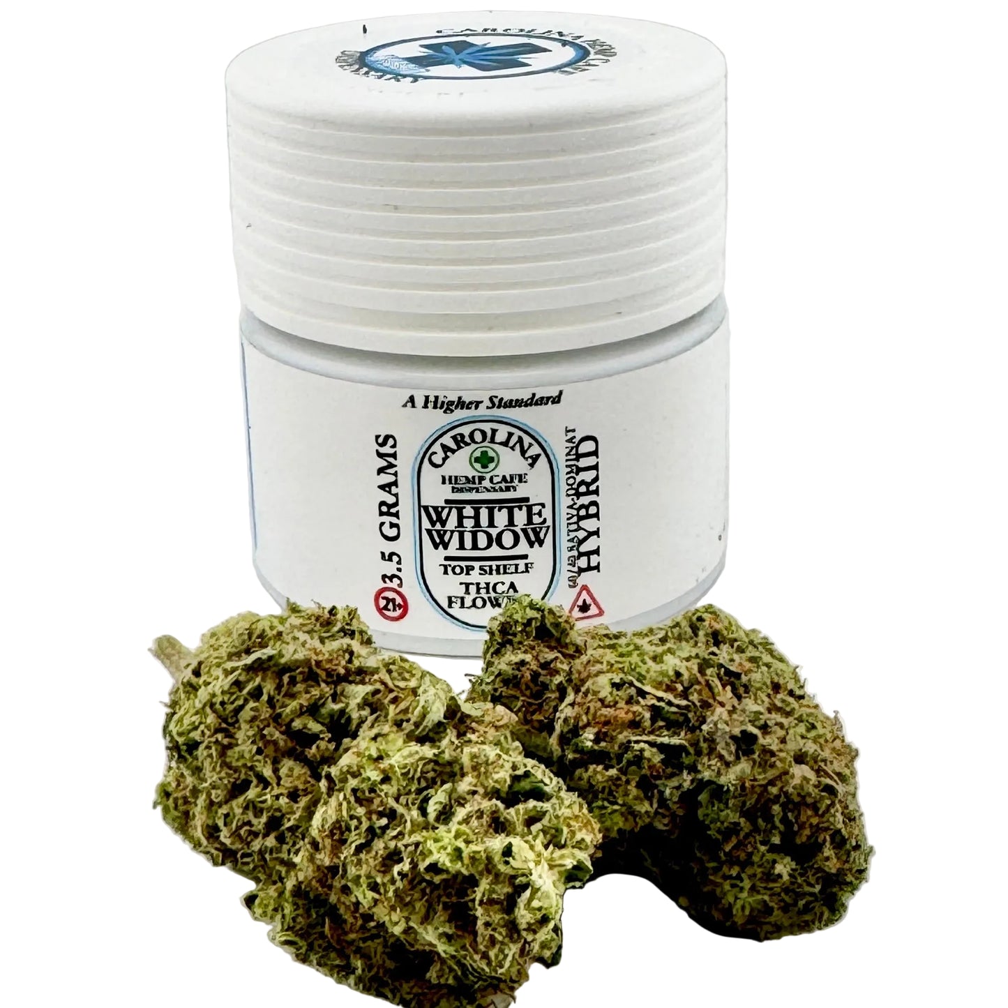Jar of Carolina Hemp Farms White Widow hybrid cannabis with two buds on a light background