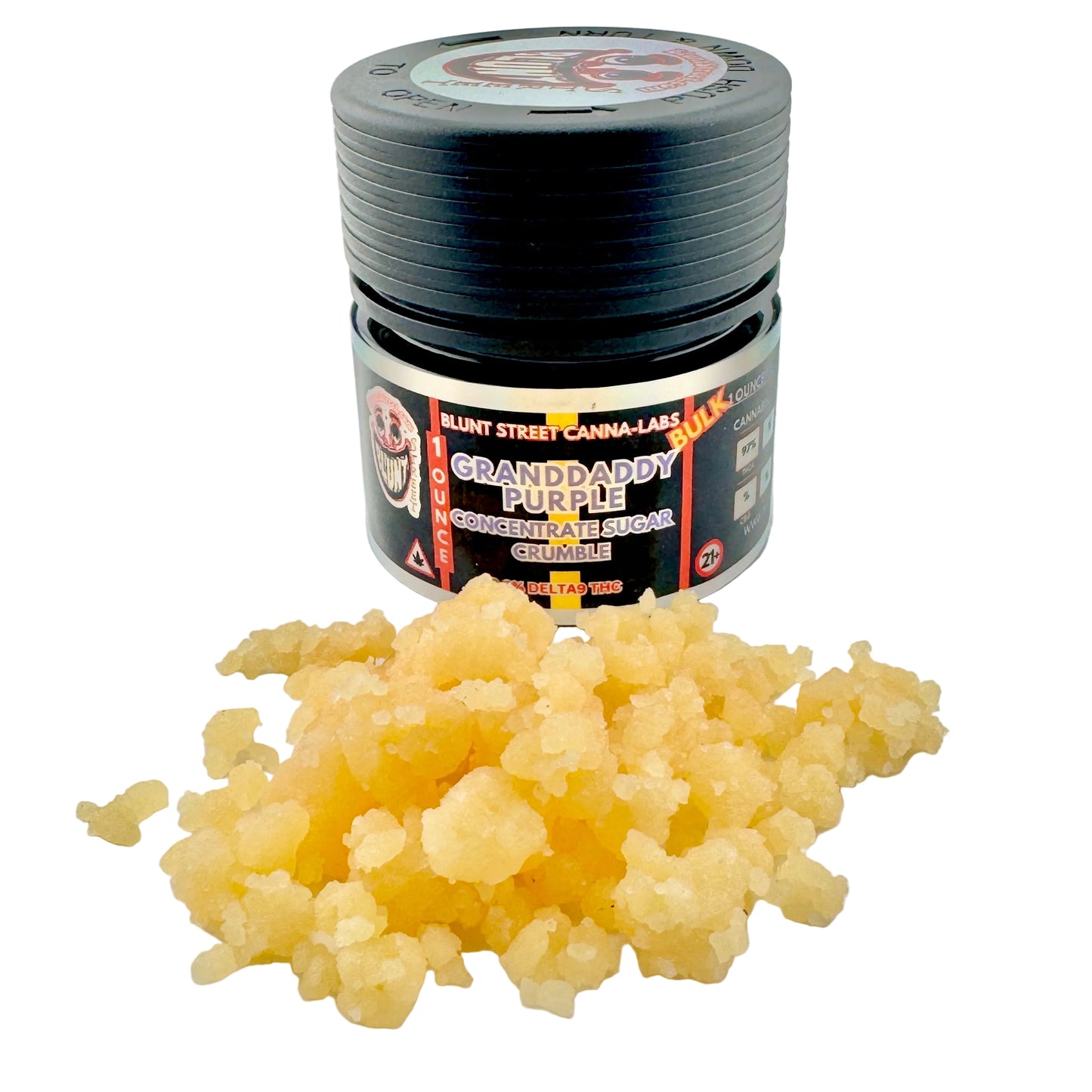 Jar of 'Granddaddy Purple' concentrate sugar crystal on a white background