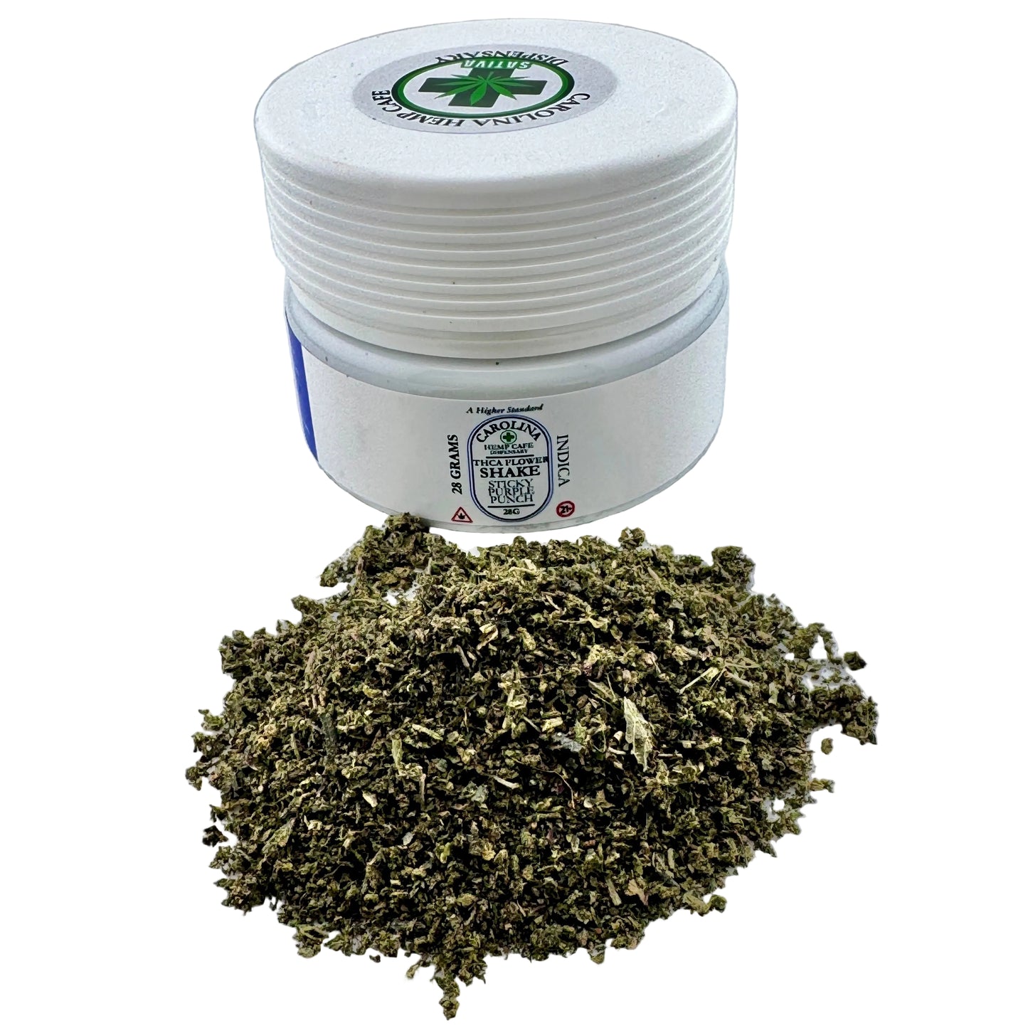 White container with cannabis product on a light gray background