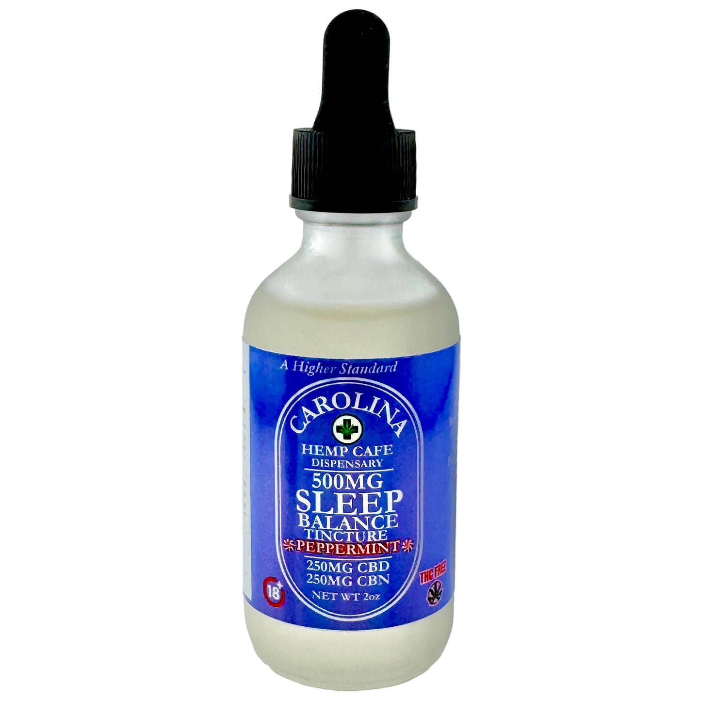 Bottle of Carolina Hemp CBD Sleep Balance Pincture with a dropper on a gray background