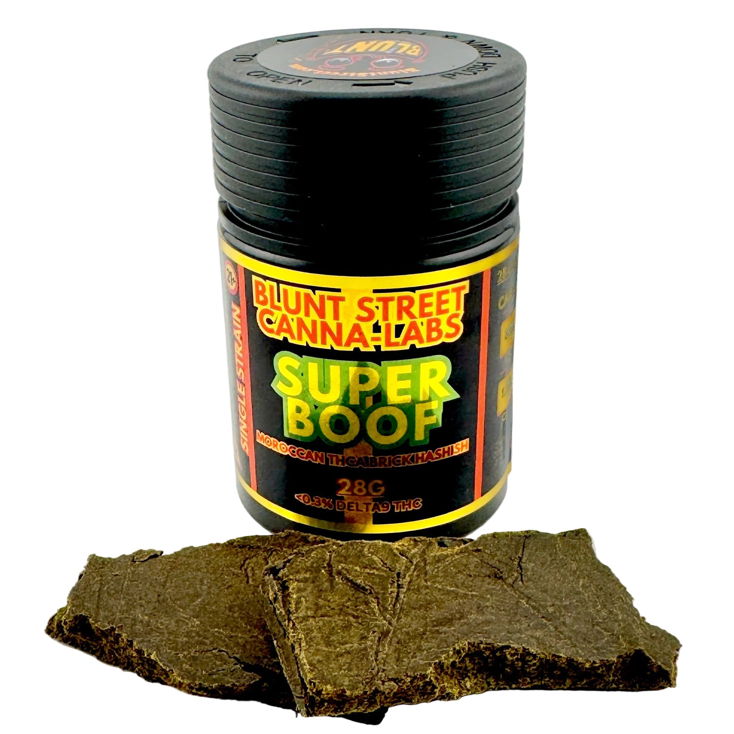 Jar of Blunt Street Canna-Labs Super Boof with some product pieces on a white background