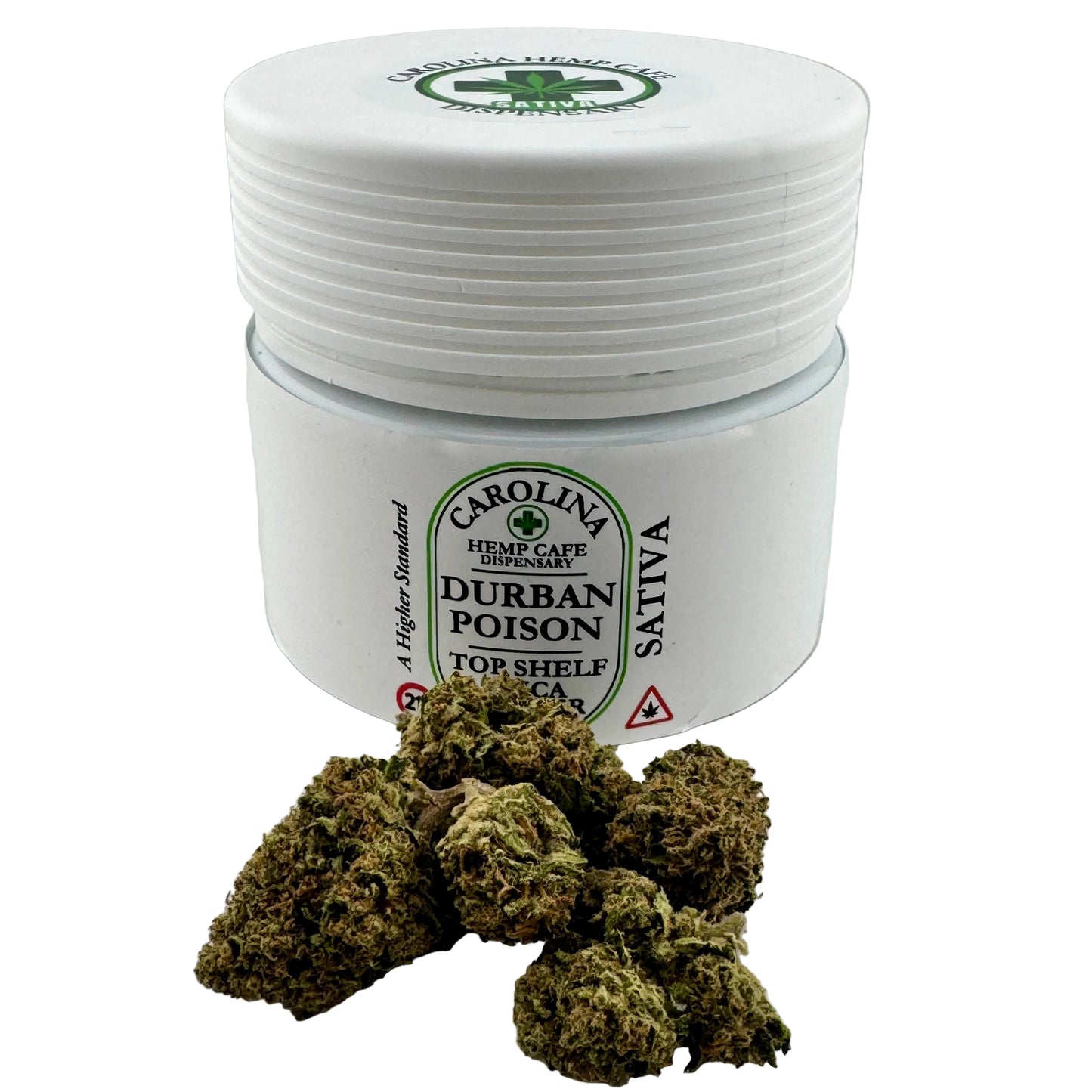 Jar of cannabis buds with a label on a white background