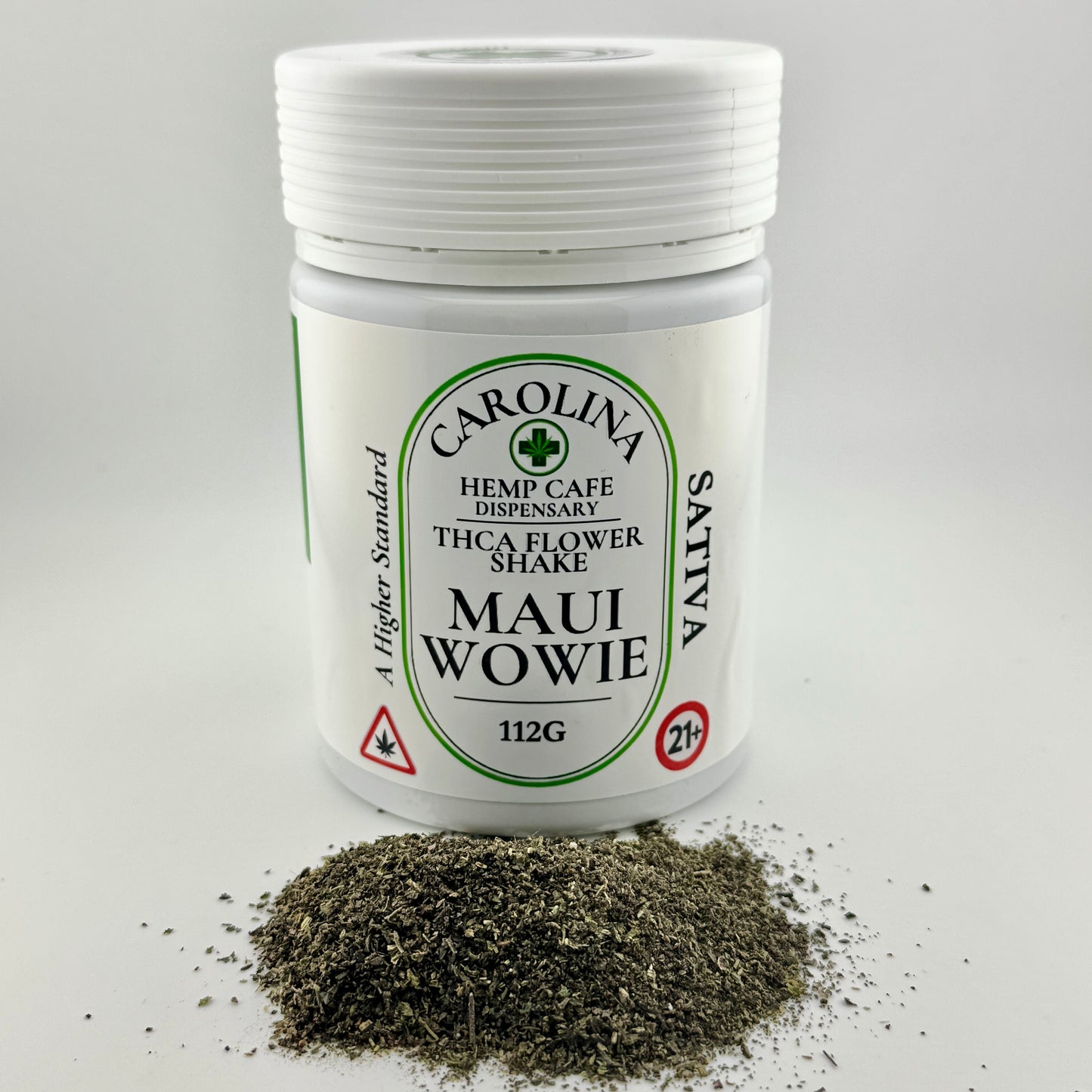 Jar of Carolina Hemp Cafe dispensary THCA flower shake labeled 'Maui Wowie' on a white background.