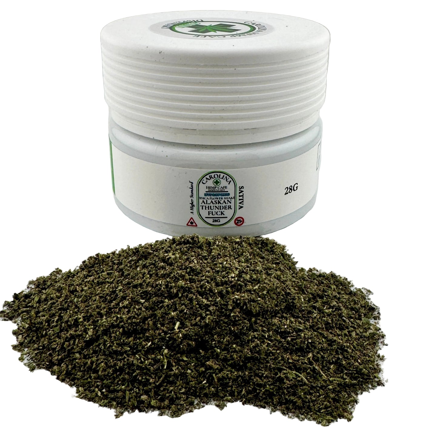 White container with green label on a white background, surrounded by green powder.