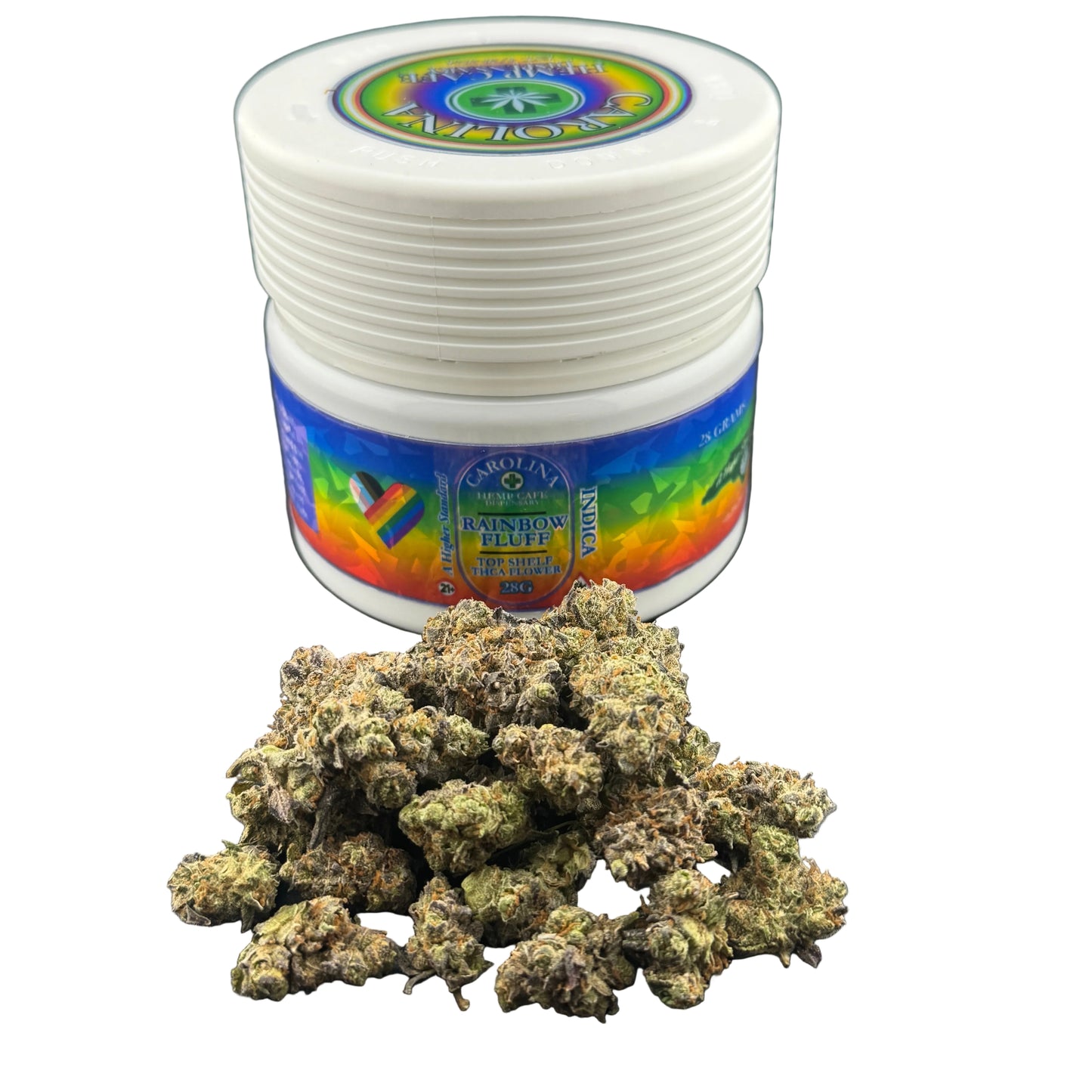White container with colorful label and cannabis buds on a dark surface