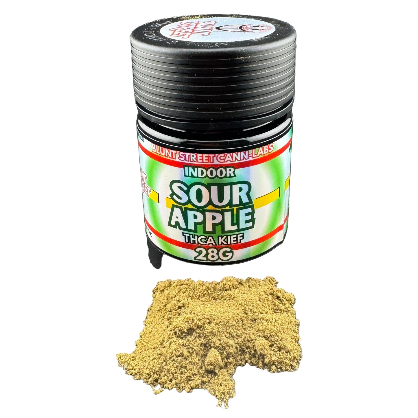 A jar of Buntstreet Cannabis Indoor Sour Apple THCA Kief 28G with a pile of the light brown kief powder spilled in front, set against a dark gray background.
