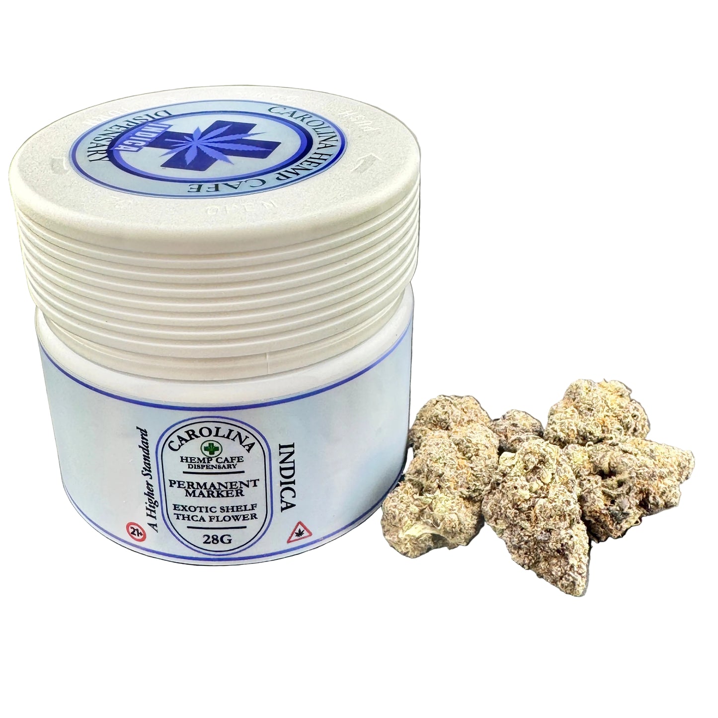 A white plastic jar of Carolina Herbs Permanent Marigold Exotic Shelf Indica THCA flowers next to several dried flower buds on a gray background.