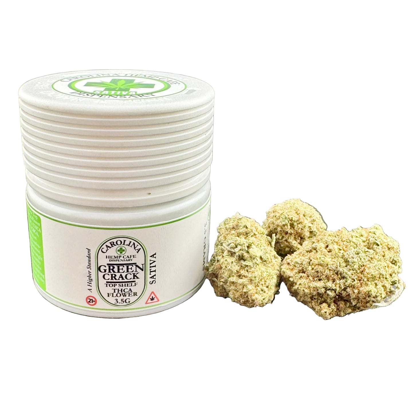 A white plastic jar of Carolina Hemp Products Green Crack Pre-rolled joints next to three pre-rolled joint buds on a dark gray surface.