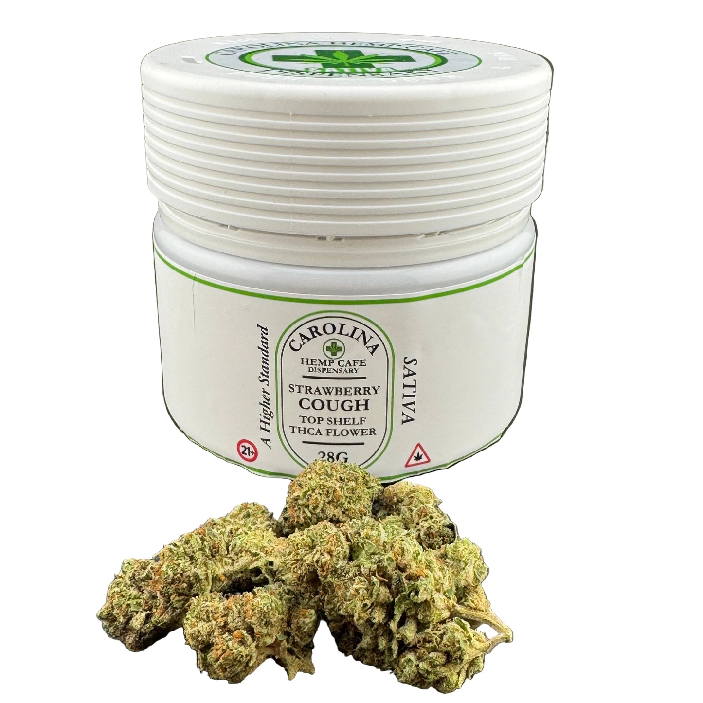 A white plastic jar of Carolina Valley Strawberry Cough Hemp Cream with a green and white label, shown next to several green and orange cannabis buds on a dark gray background.