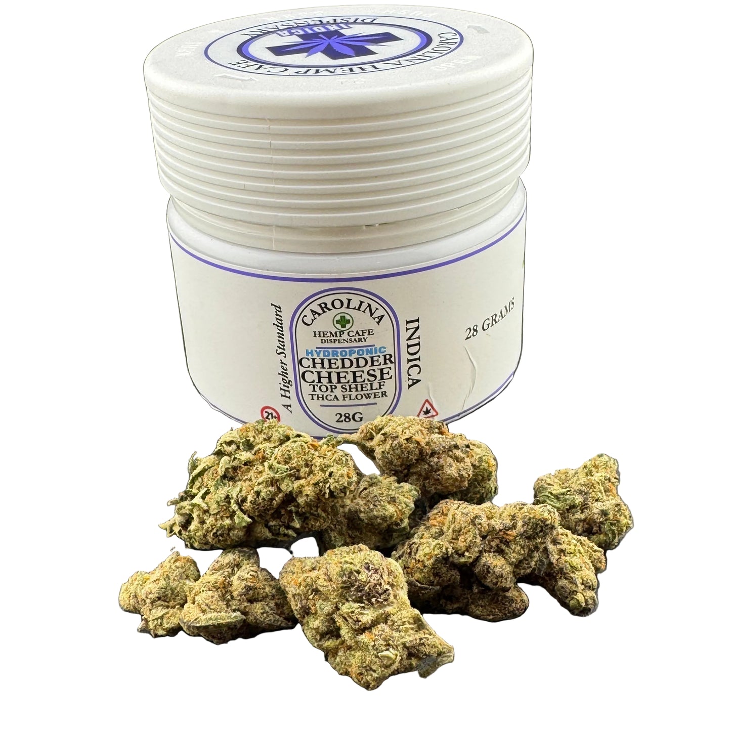 A white plastic jar labeled Carolina Hemp Care Cheddar Cheese CO-Flavor Indica THC flower, shown with several green-brown cannabis buds in front on a dark gray background.