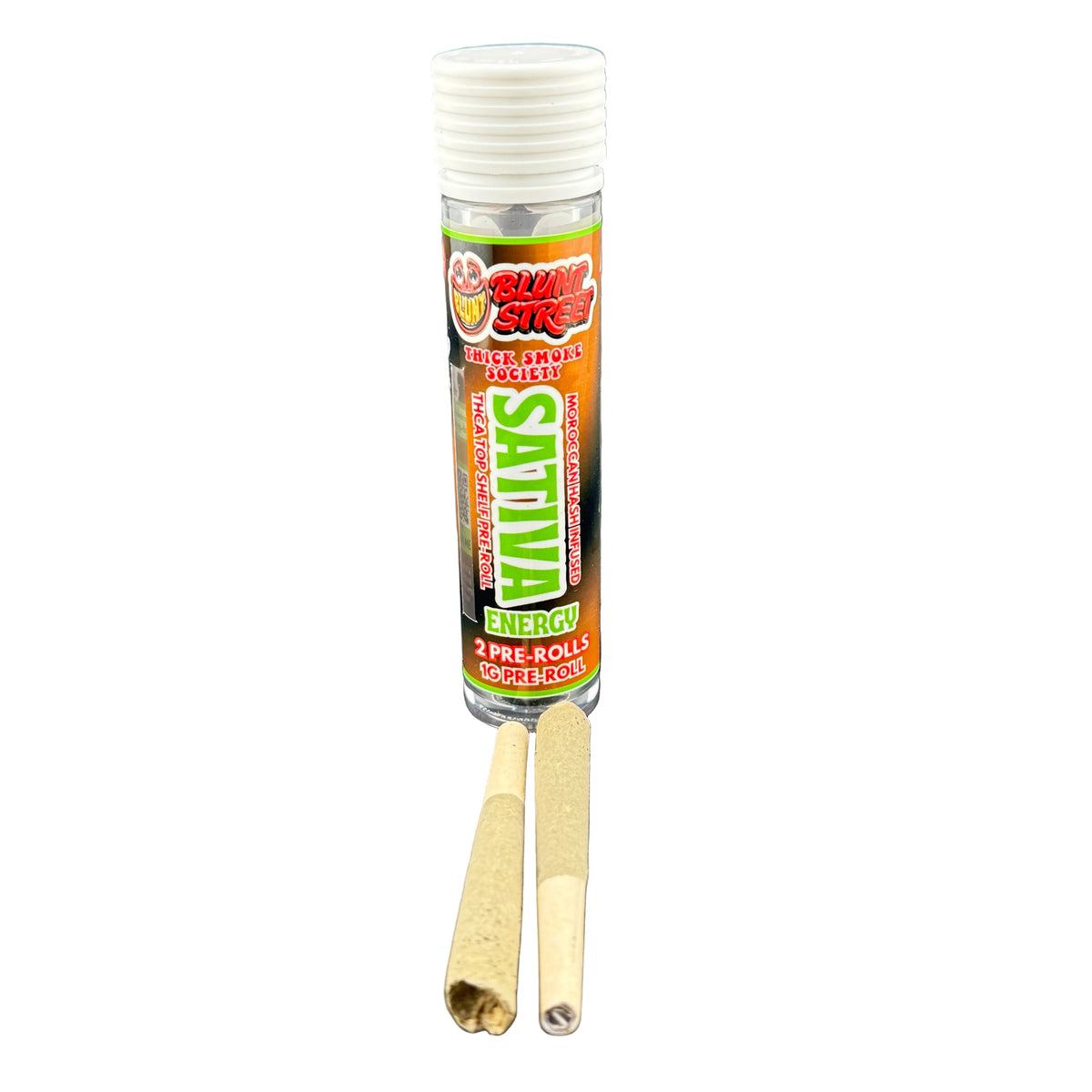 A clear plastic tube of Glum Stick pre-rolls with a white cap, labeled 'Sativa Energy' in green, orange, and red, with two rolled pre-rolls placed in front on a white background.