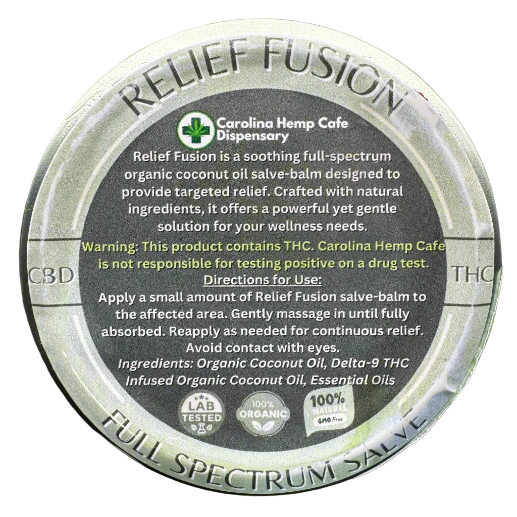 Back label of Relief Fusion Salve with directions and organic ingredients