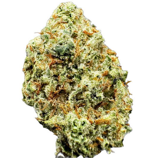 A close-up image of a cannabis flower with a dense, green appearance, indicating a high concentration of cannabinoids.
