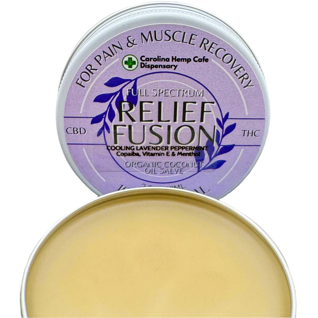 A metal tin container with a purple label displaying 'Full Spectrum Relief Fusion' CBD salve. The label includes information such as 'Cooling Lavender Peppermint', 'Organic Coconut Oil', and '1000mg CBD'.