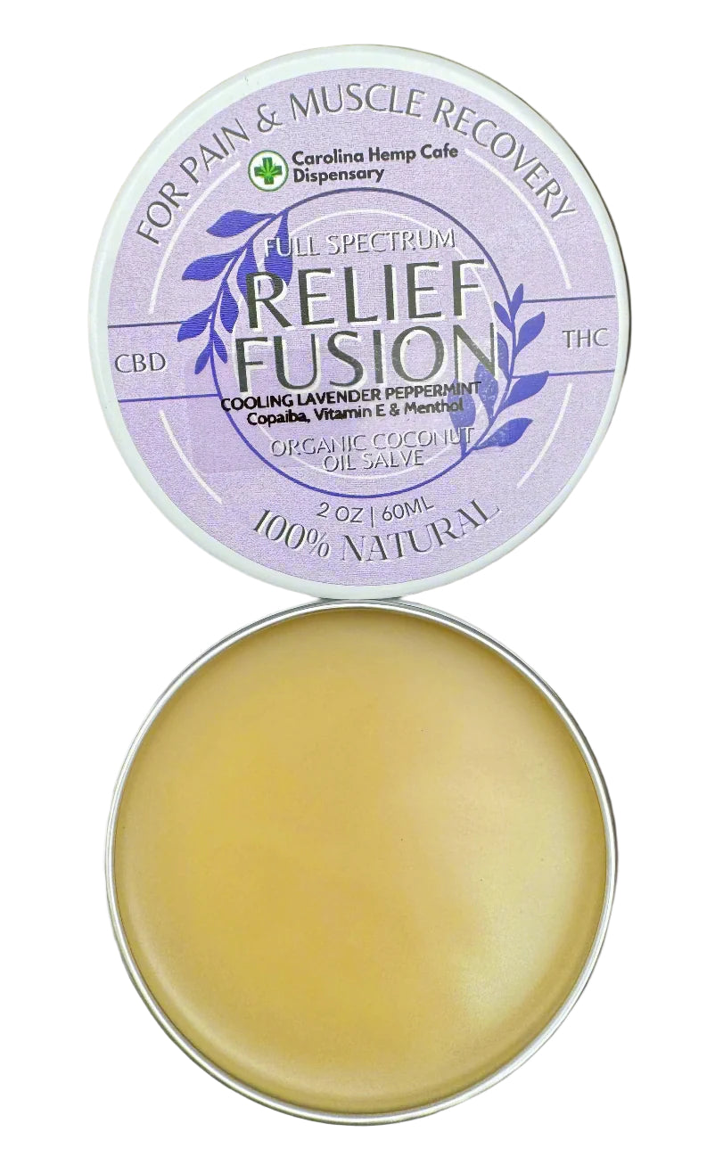 CBD and THC Salve called Fusion Relief.  Purple exterior label and inside amber colored smooth salve