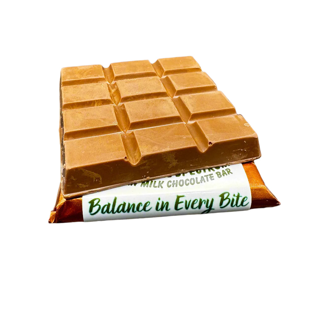 Picture of THC milk Chocolate Bar with 12 squares of chocolate on top of packaging that says Balance in every bit in green writing