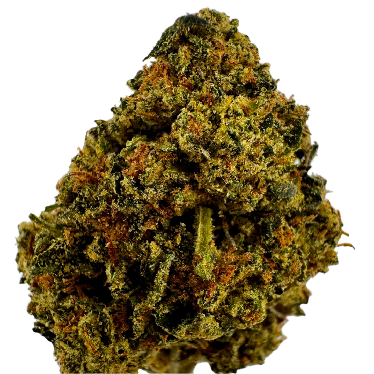 A close-up image of a cannabis flower with a dense, frosted appearance, showcasing green leaves with brown and purple hues.