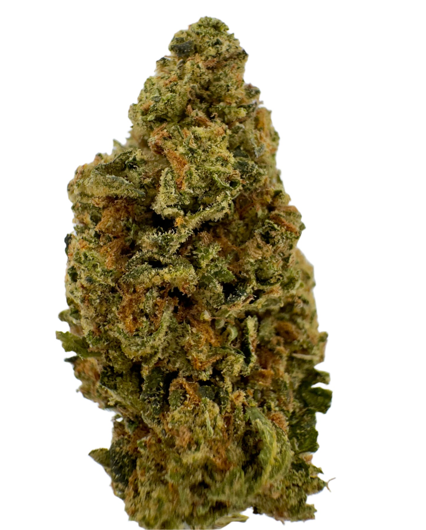 A close-up image of a cannabis flower with a dense, frosted appearance, showcasing green leaves with brown and white hues.