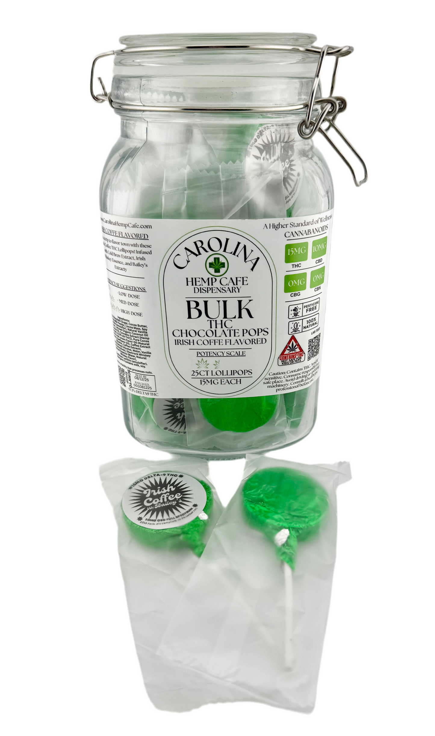 Bulk Buys, 25 -15mg Irish Coffee Flavored with Bailey's Chocolate Lollipops in Glass Display Jar, Alcohol-Free