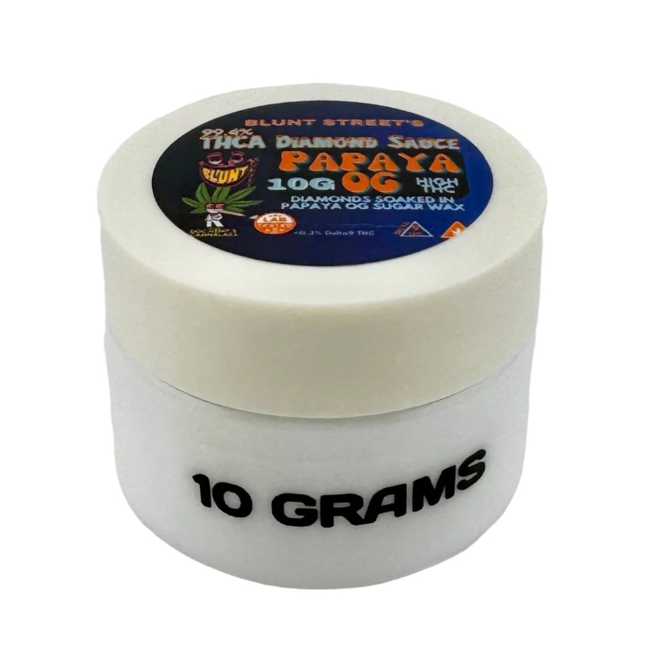 White jar of 10g Papaya OG Diamond Wax Sauce THC concentrates by Blunt Street Canna-Labs