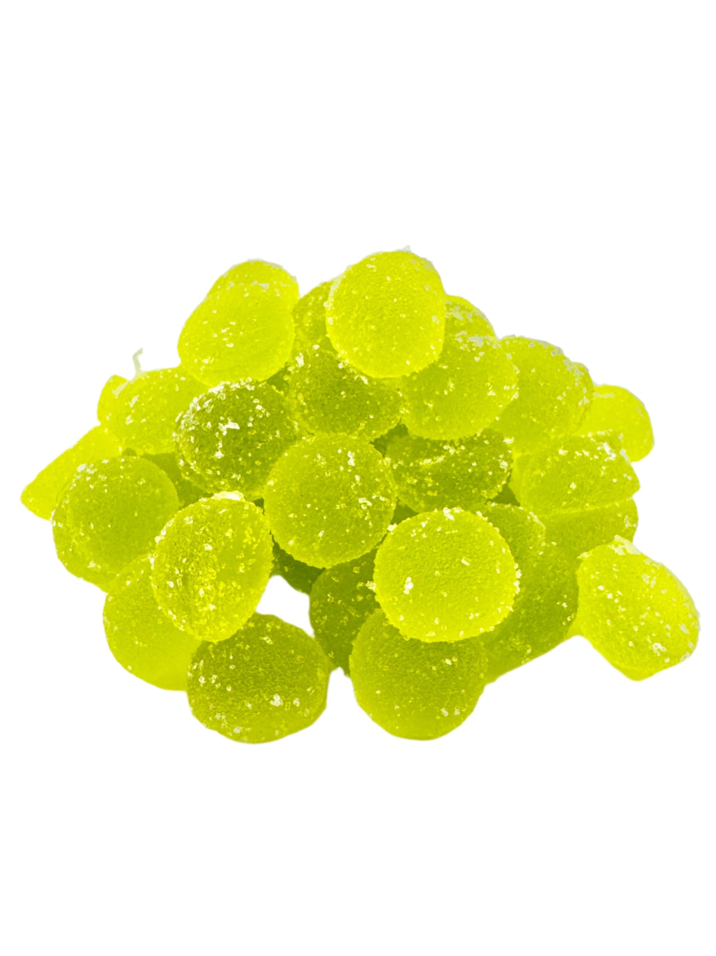 Pile of green THC gummy candy sugar coated