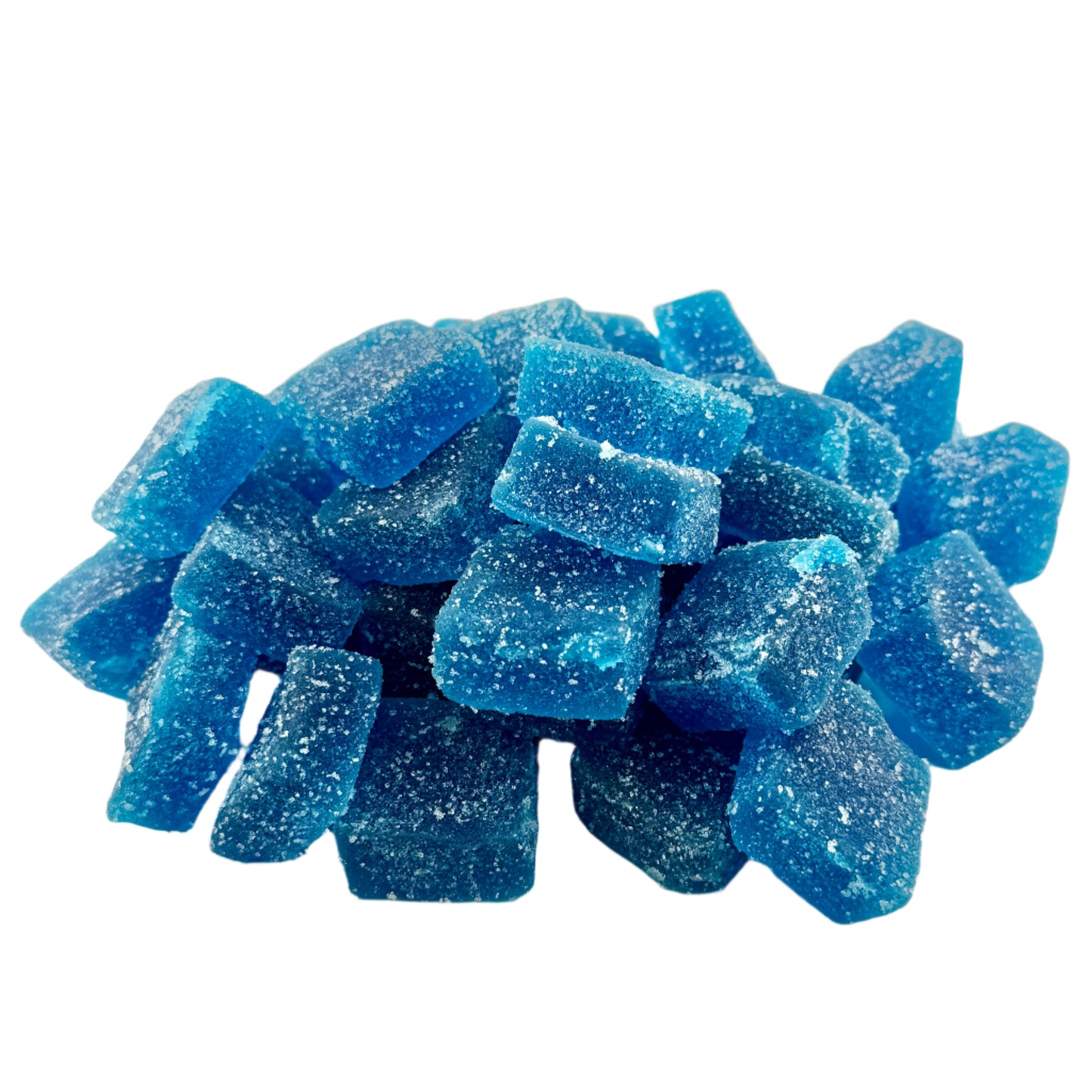 A pile of gummy candies, with half in blue and the other half in red, on a white background.