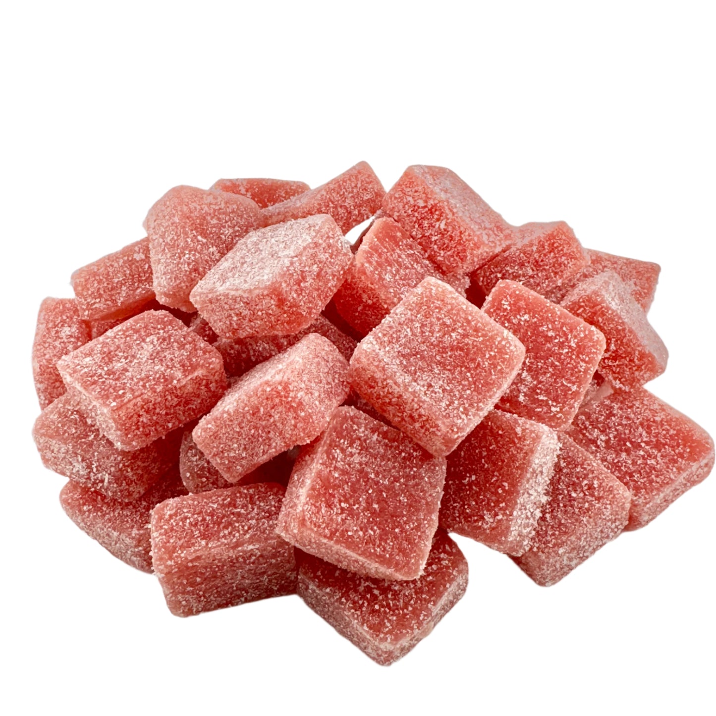 A pile of gummy candies, with half in blue and the other half in red, on a white background.