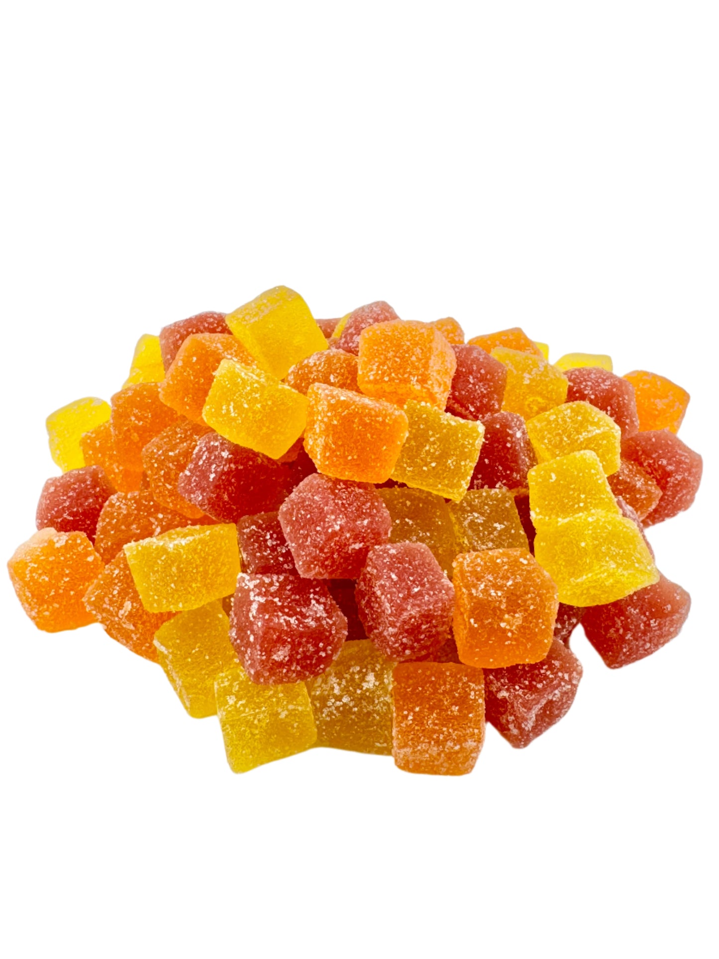 A bottle of Carolina Hemp Dispensary's Bulk 25mg CBG Gummies with a couple of gummy candies in the front. The gummies appear colorful with shapes like smiley faces and stars.