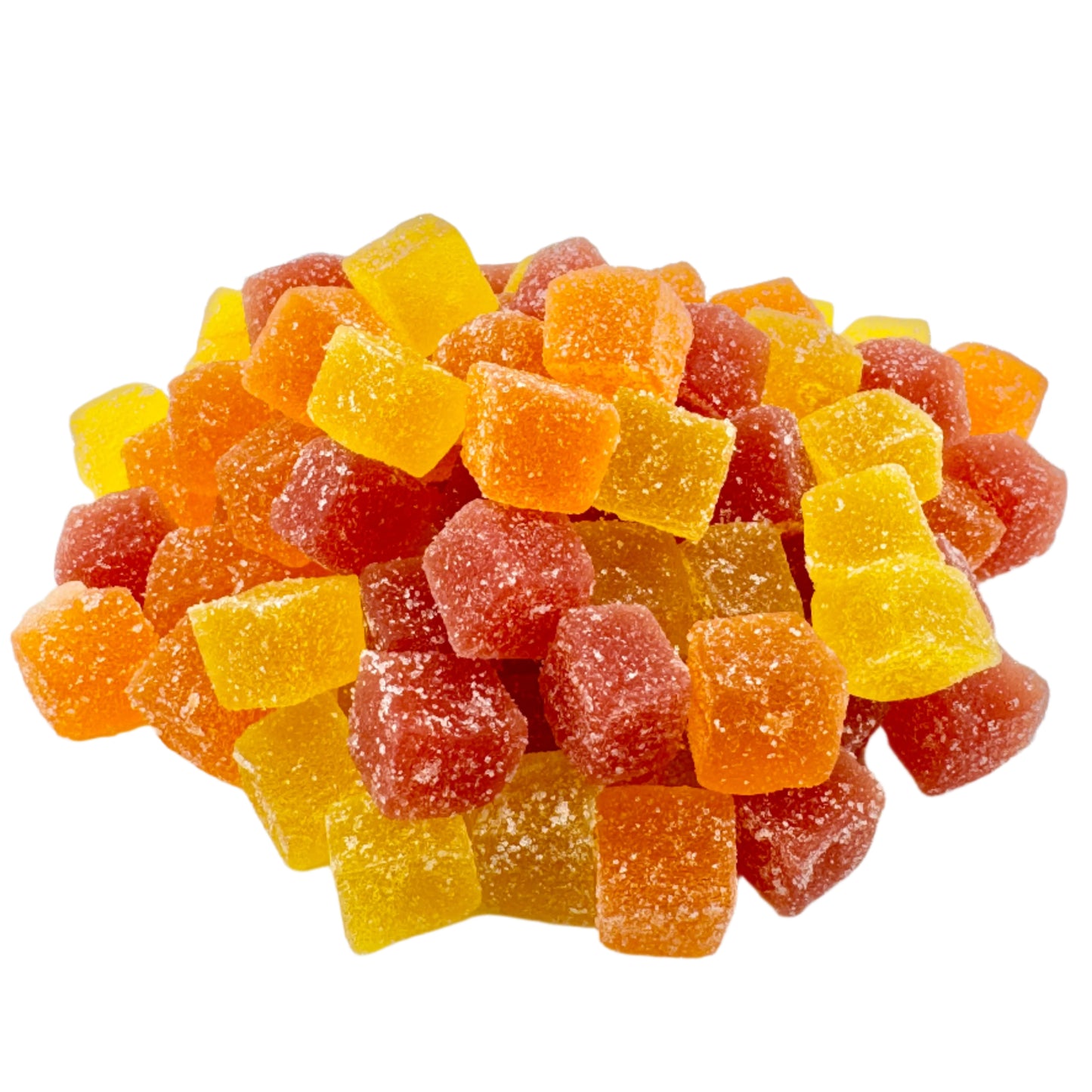 A pile of colorful CBD gummies in assorted shapes including strawberry, mango, blue razz, and lemon flavors.