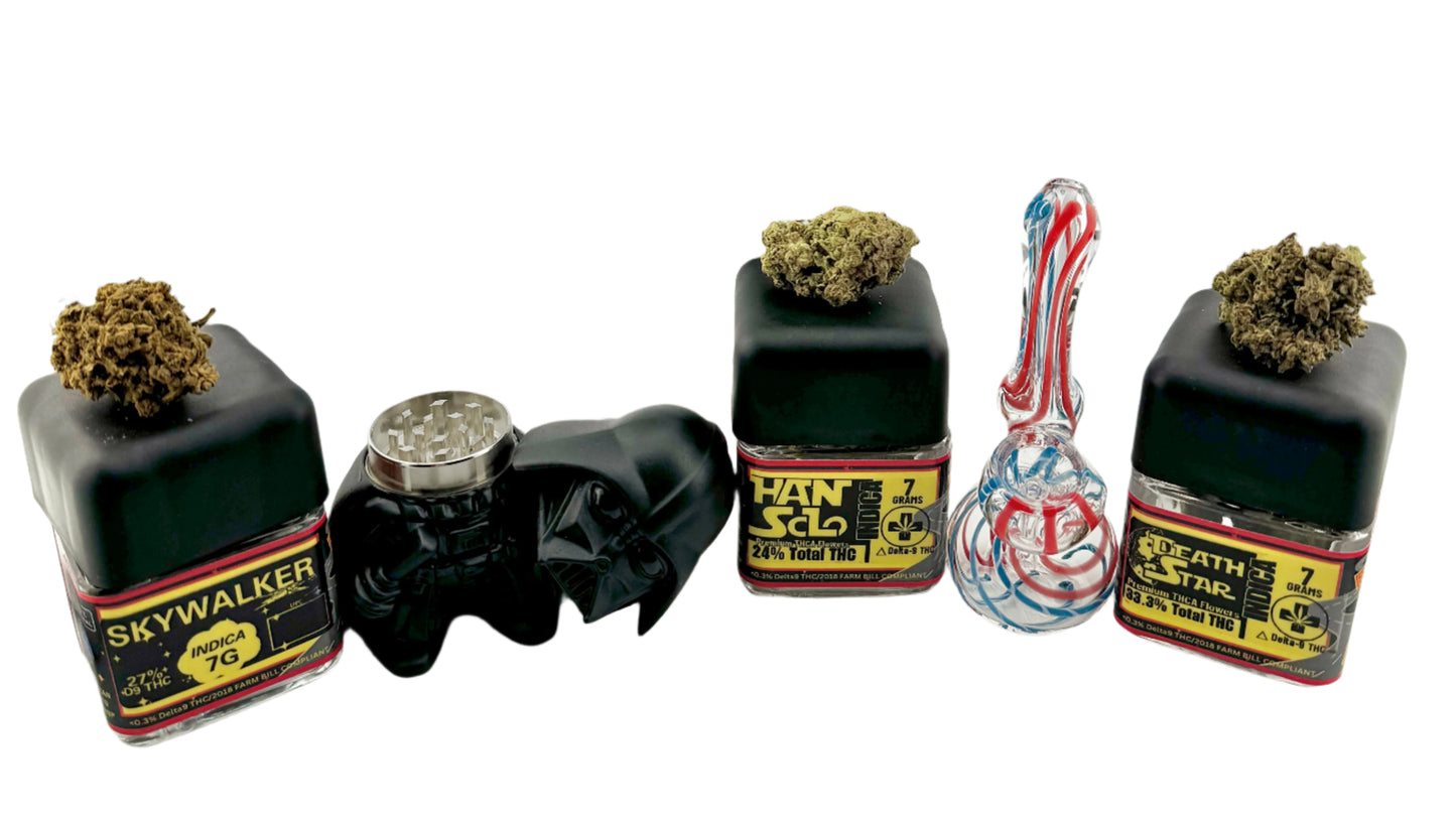 Galactic Smuggler’s Bundle – 3 x 7g THCA Flower + Mini Bubbler + Vader Grinder