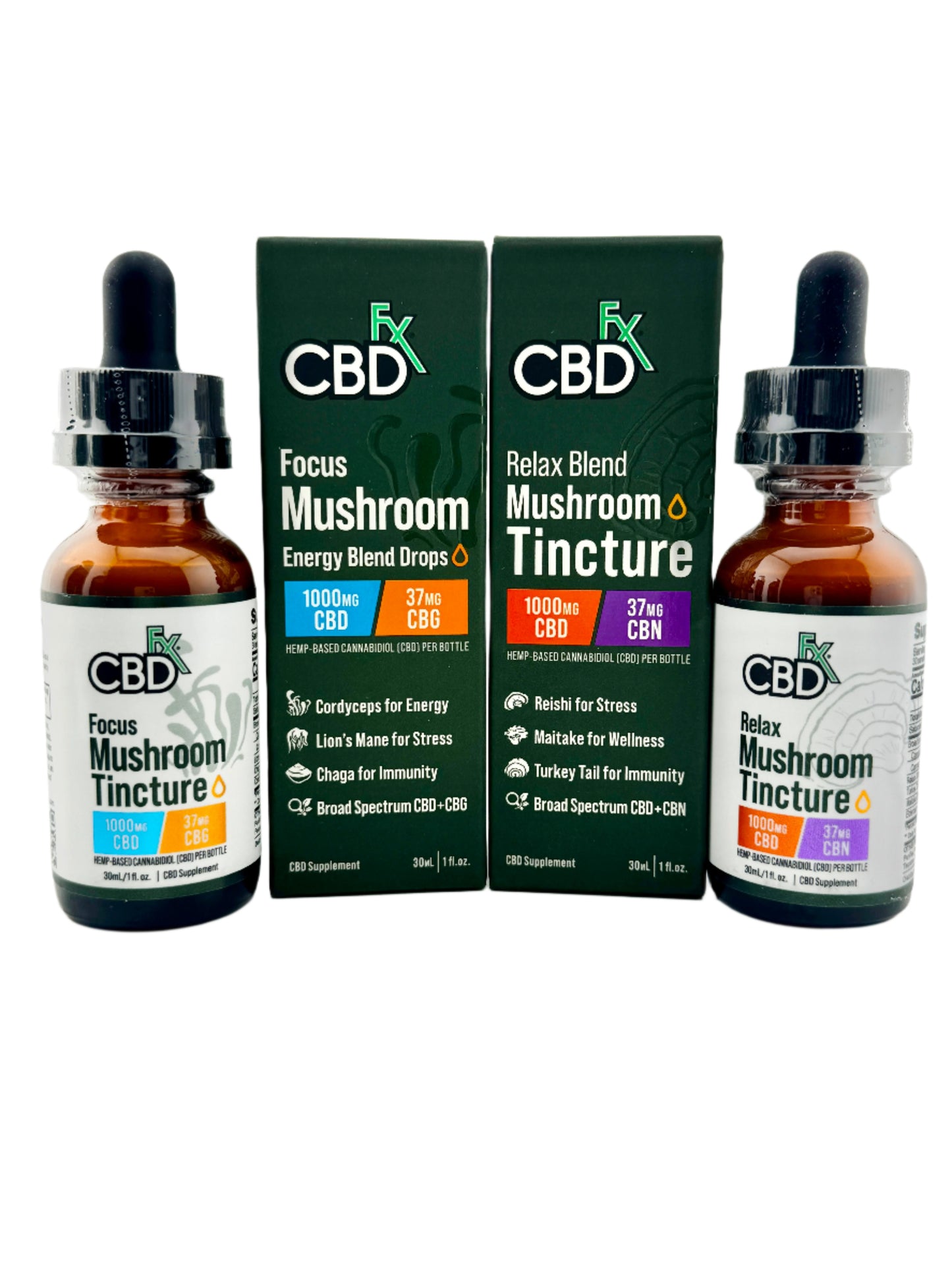 Two CBD Fx mushroom tinctures with CBD, CBN and CBG
