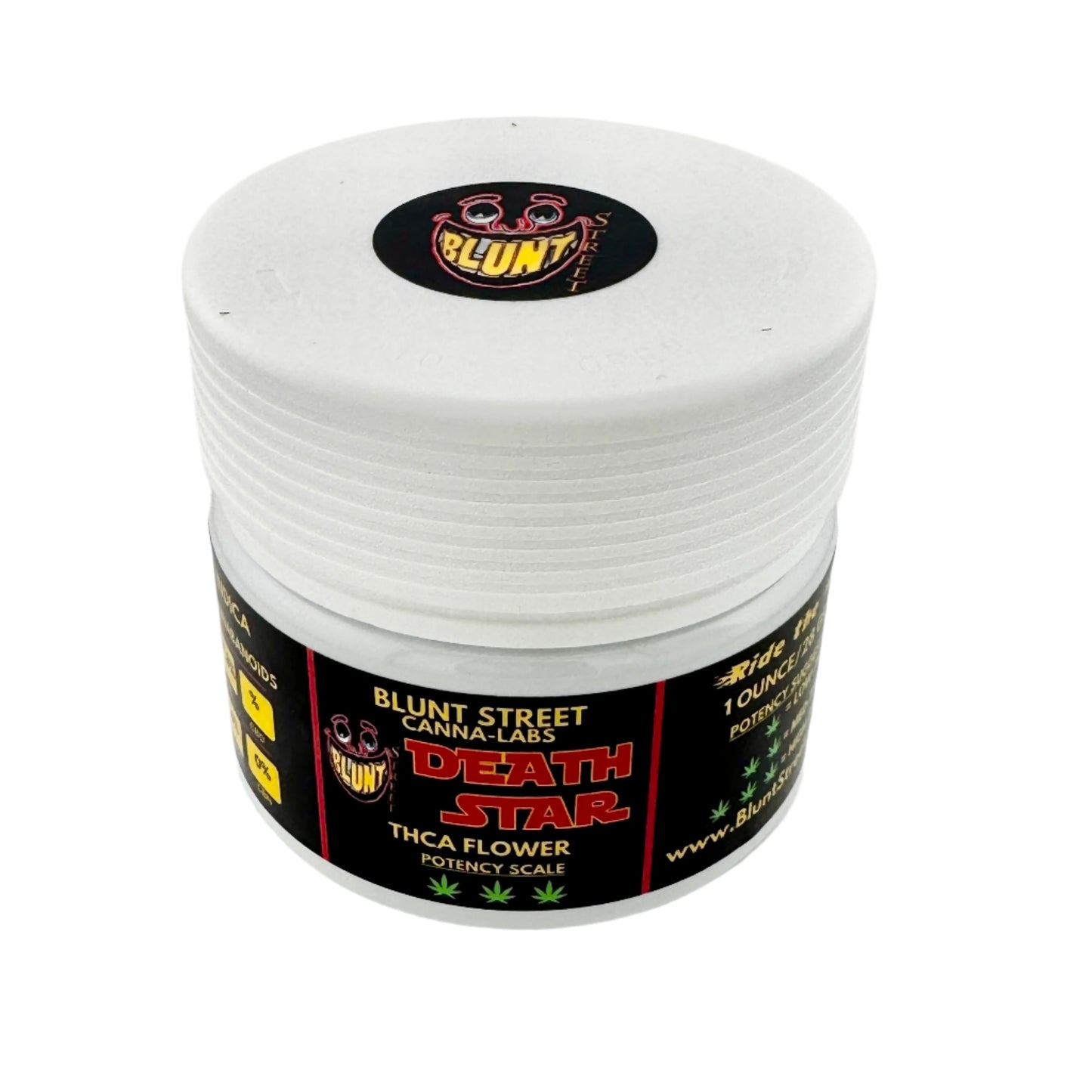 White Blunt Street Cann-Labs jar with Black wrap around label for Death Start THCA flower and Blunt Street Face Logo