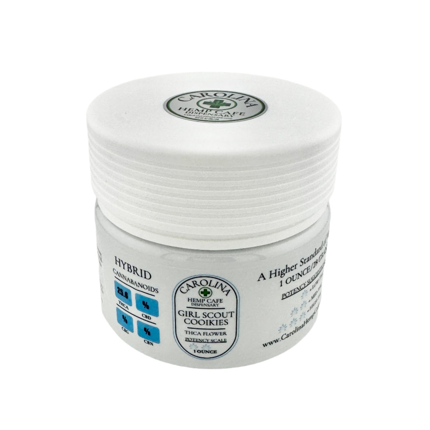 White 1oz jar of Girl Scout Cookie GSC THCA flower by Carolina Hemp Cafe Dispensary