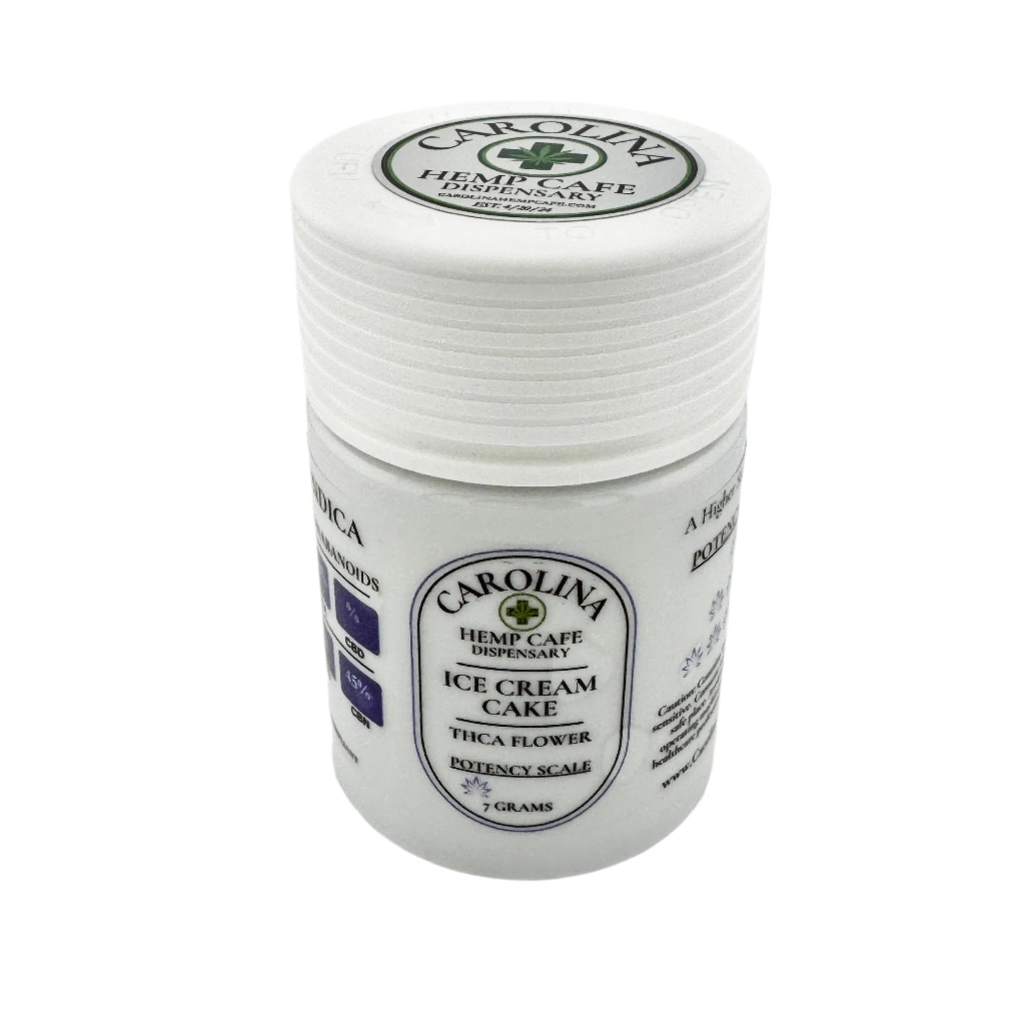 white cylinder bottle of ice cream cake THCA flower by Carolina Hemp Cafe Dispensary